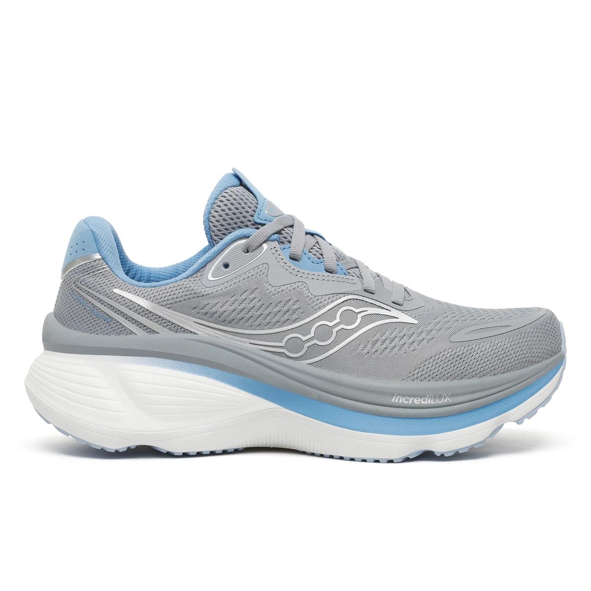 Women's Saucony Hurricane 26. Grey upper. White midsole. Lateral view.
