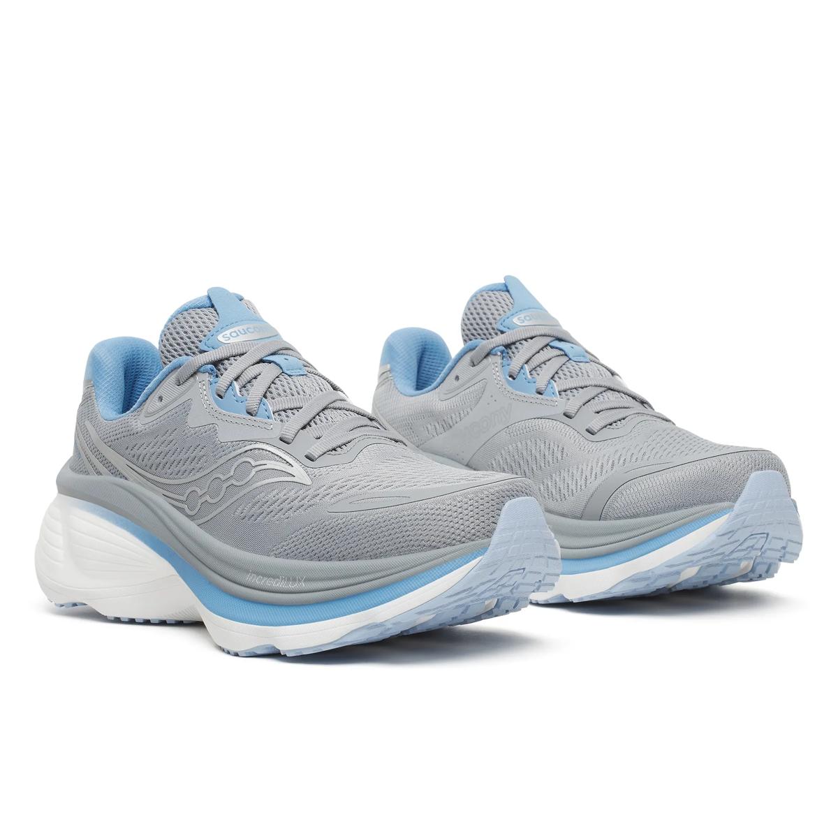 Women's Saucony Hurricane 26. Grey upper. White midsole. Lateral view.