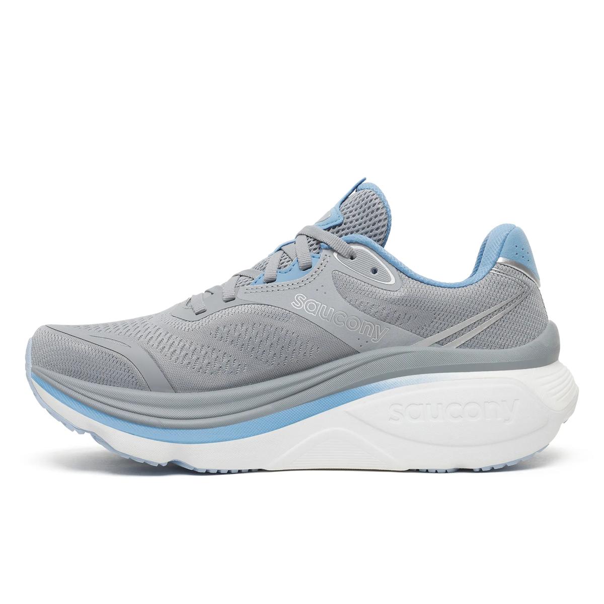Women's Saucony Hurricane 26. Grey upper. White midsole. Medial view.