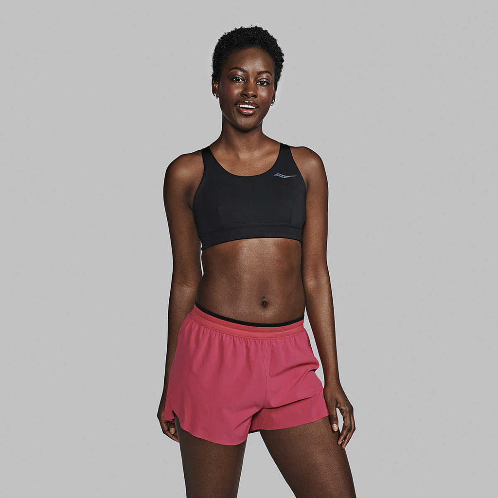 Women's Saucony Kinvara Bra Top. Black. Front view.