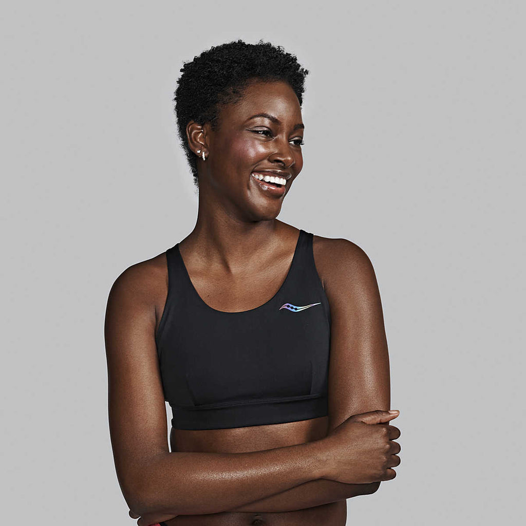 Women's Saucony Kinvara Bra Top. Black. Front view.