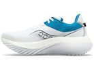 Women's Saucony Kinvara Pro. White upper. White/Blue midsole. Medial view.
