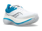 Women's Saucony Kinvara Pro. White upper. White/Blue midsole. Lateral view.
