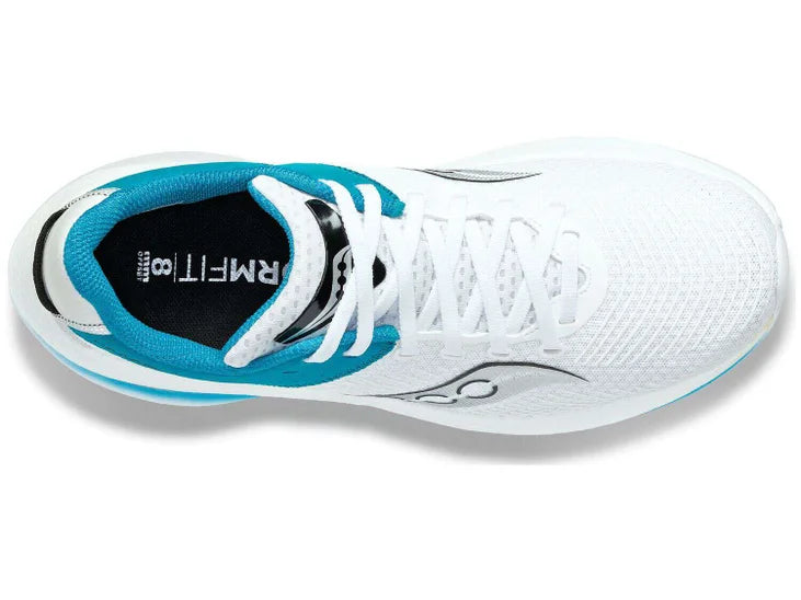 Women's Saucony Kinvara Pro. White upper. White/Blue midsole. Top view.