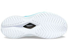 Women's Saucony Kinvara Pro. White upper. White/Blue midsole. Bottom view.
