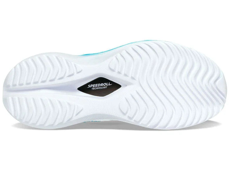 Women's Saucony Kinvara Pro. White upper. White/Blue midsole. Bottom view.