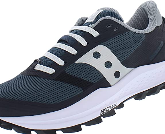 Women's Saucony Peregrine 11. Navy upper. White midsole. Front/Lateral view.