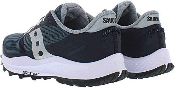 Women's Saucony Peregrine 11. Navy upper. White midsole. Rear/Lateral view.