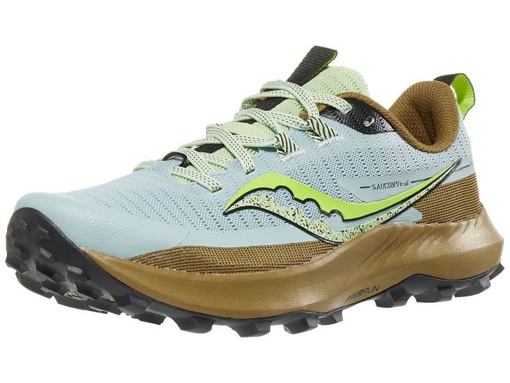 Women's Saucony Peregrine 13. Light Grey upper. Gold midsole. Lateral view.