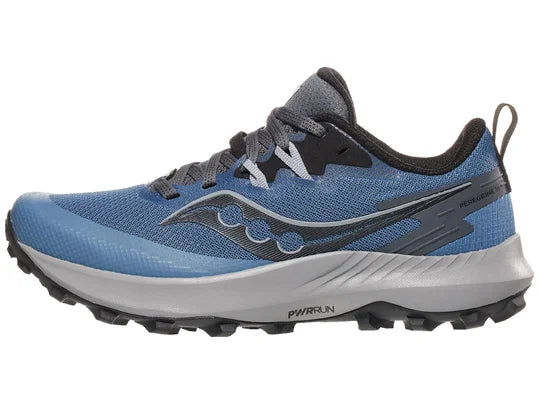 Women's Saucony Peregrine 14. Blue upper. Grey midsole. Lateral view.