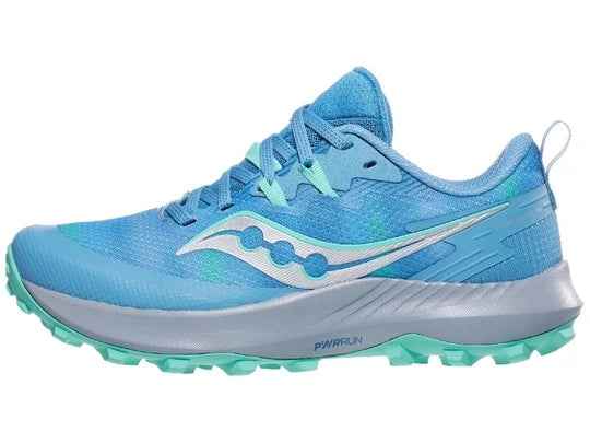 Women's Saucony Peregrine 14. Light Blue upper. Grey midsole. Lateral view.