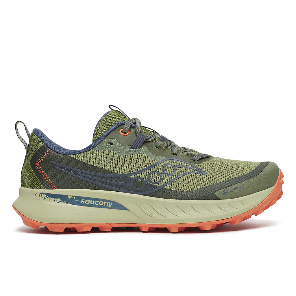 Women's Peregrine 15 GTX. Green upper. Tan midsole. Lateral view.