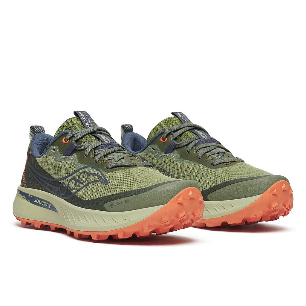 Women's Peregrine 15 GTX. Green upper. Tan midsole. Lateral view.