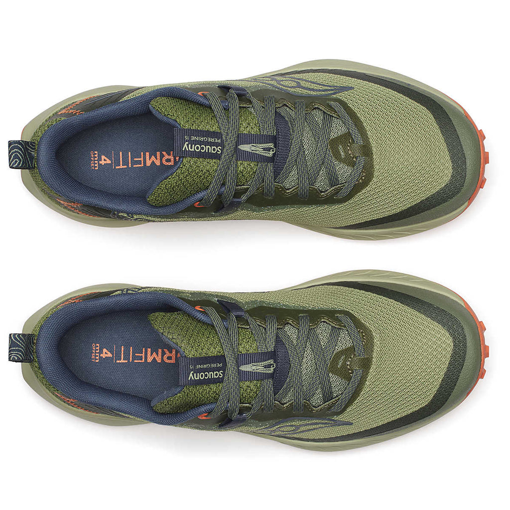 Women's Peregrine 15 GTX. Green upper. Tan midsole. Top view.
