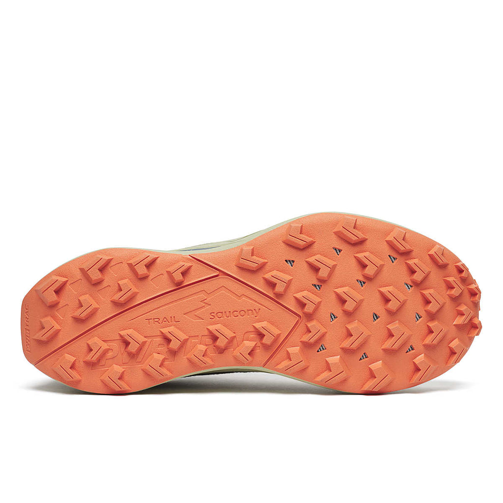 Women's Peregrine 15 GTX. Green upper. Tan midsole. Bottom view.