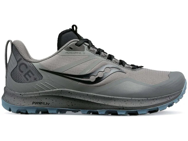 Women's Saucony Peregrine ICE 3. Grey upper. Grey midsole. Lateral view.