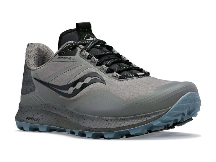 Women's Saucony Peregrine ICE 3. Grey upper. Grey midsole. Lateral view.