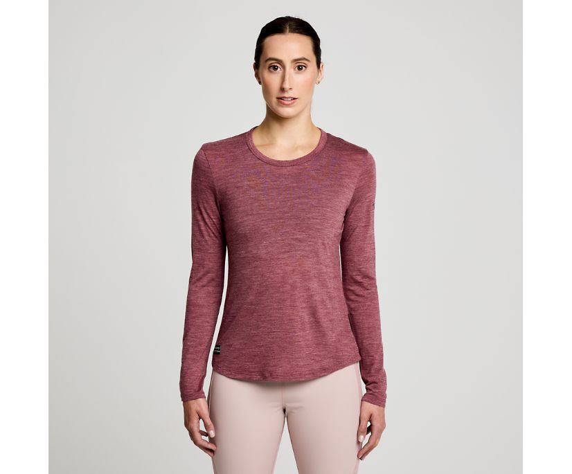 Women's Saucony Peregrine Merino Long Sleeve. Red. Front view.