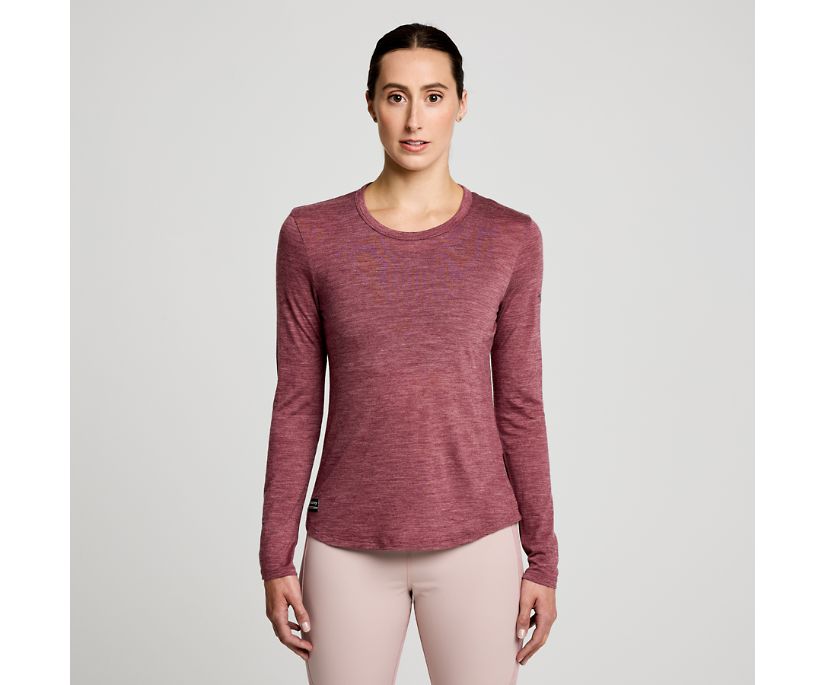 Women's Saucony Peregrine Merino Long Sleeve. Sundown Heather. Front view.