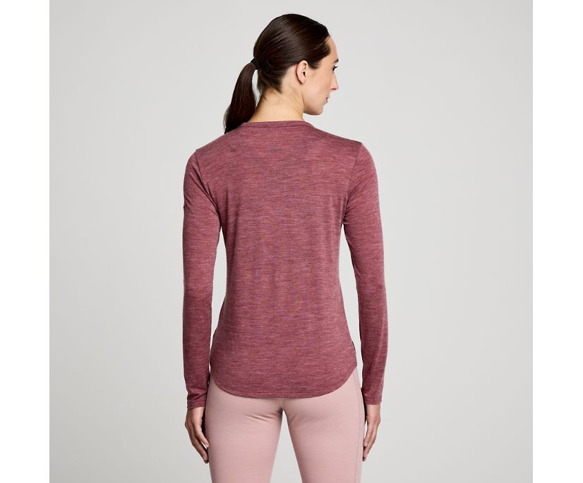 Women's Saucony Peregrine Merino Long Sleeve. Sundown Heather. Rear view.