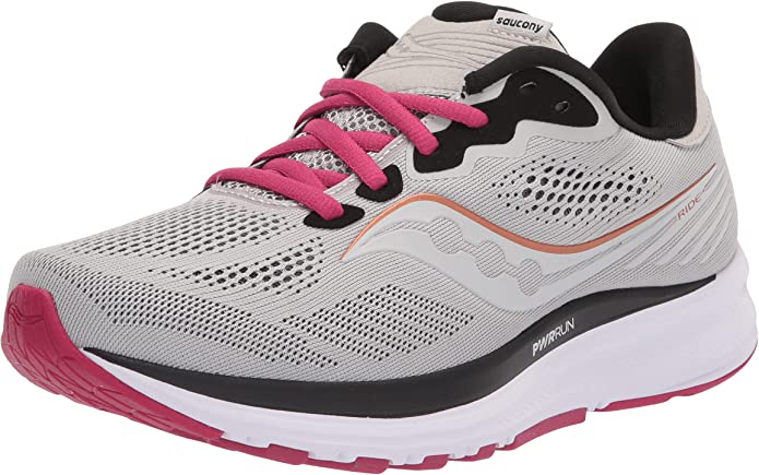Women's Saucony Ride 14. Grey upper. White midsole. Lateral view.