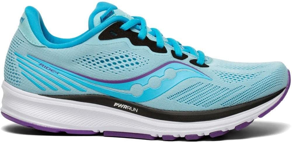 Women's Saucony Ride 14. Light Blue upper. White midsole. Lateral view.