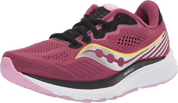 Women's Saucony Ride 14. Red upper. White midsole. Lateral view.
