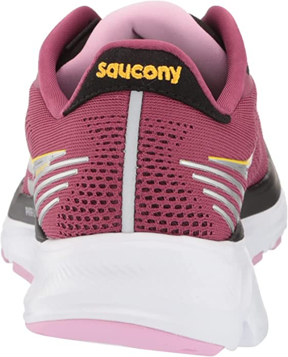 Women's Saucony Ride 14. Red upper. White midsole. Rear view.