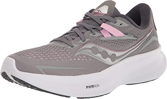 Women's Saucony Ride 15. Grey upper. White midsole. Lateral view.