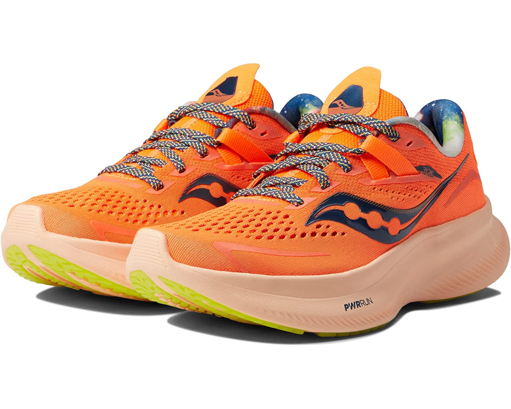 Women's Saucony Ride 15. Orange upper. Off Pink midsole. Lateral view.