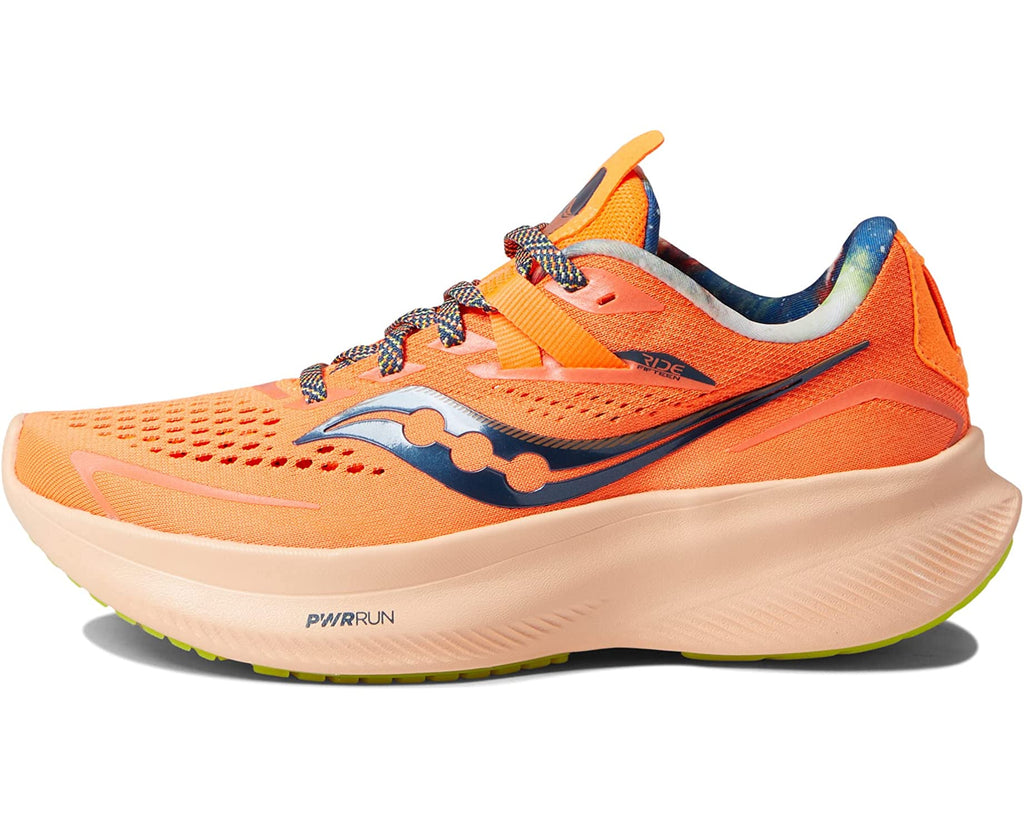 Women's Saucony Ride 15. Orange upper. Off Pink midsole. Lateral view.