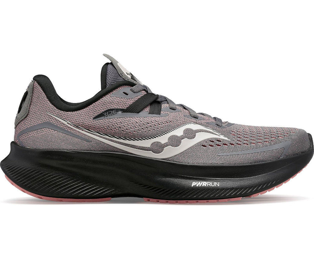 Women's Saucony Ride 15. Grey upper. Black midsole. Lateral view.