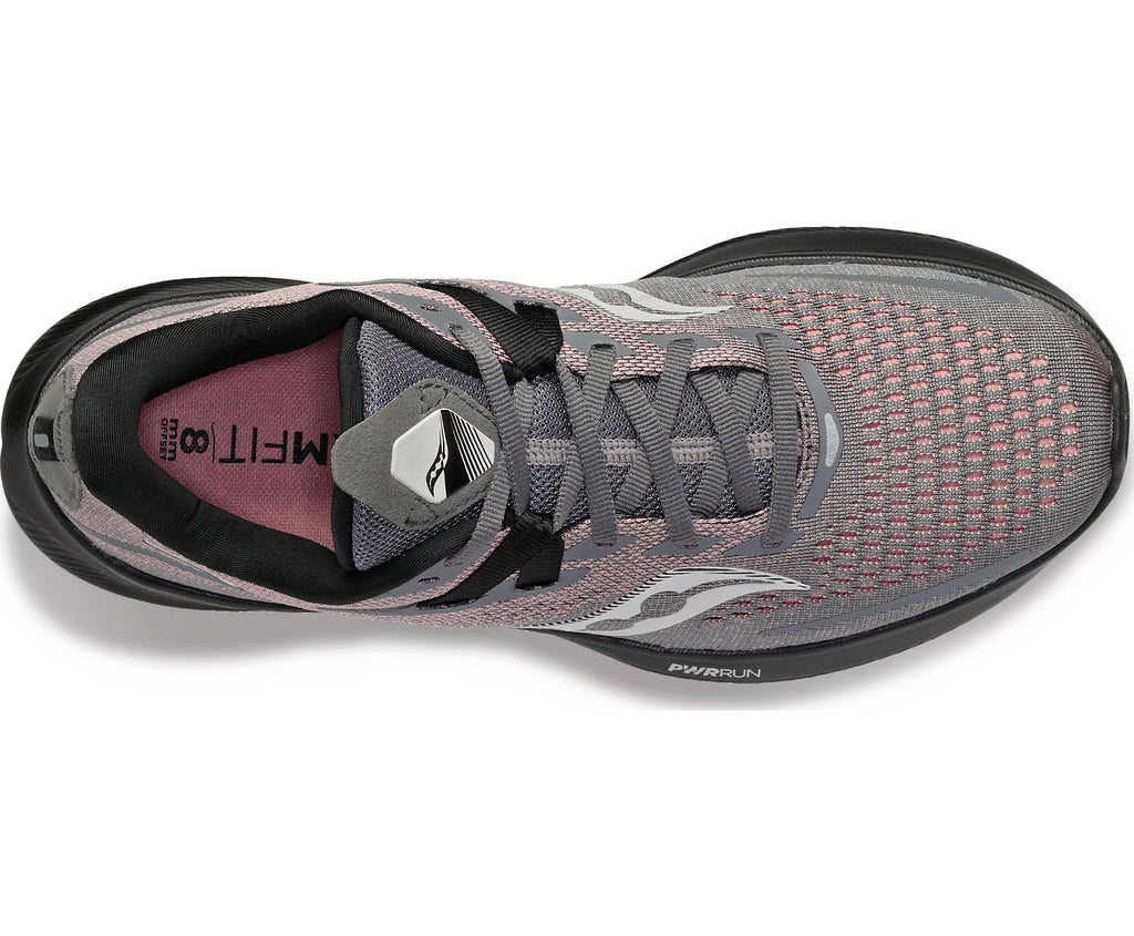 Women's Saucony Ride 15 in Charcoal/Shell (charcoal outer mesh and midsole with pale pink peeking through and on outsole.  Top view.