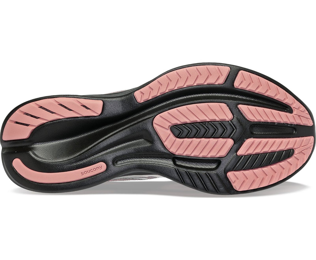 Women's Saucony Ride 15 in Charcoal/Shell (charcoal outer mesh and midsole with pale pink peeking through and on outsole.  Sole view.