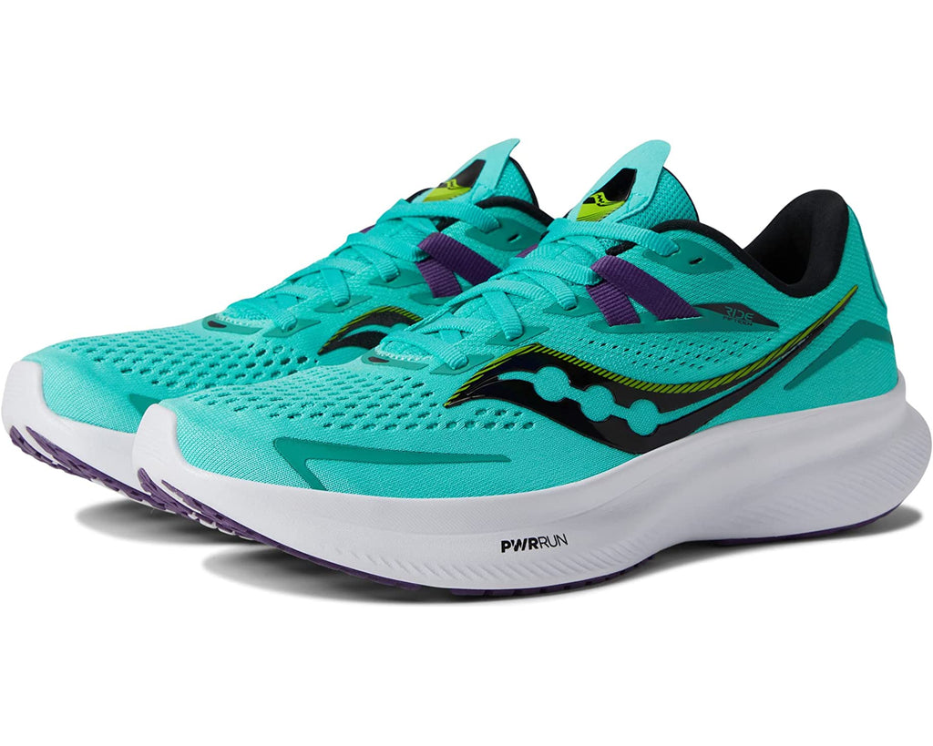 women's Saucony Ride 15 in Cool Mint/Acid (aqua with white midsole and touches of purlple and green).  