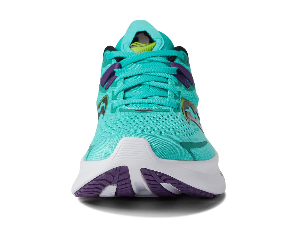 Women's Saucony Ride 15. Green upper. White midsole. Front view.
