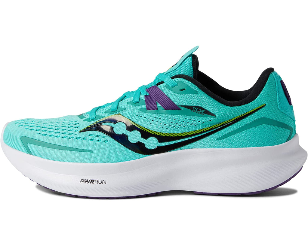 Women's Saucony Ride 15. Green upper. White midsole. Lateral view.