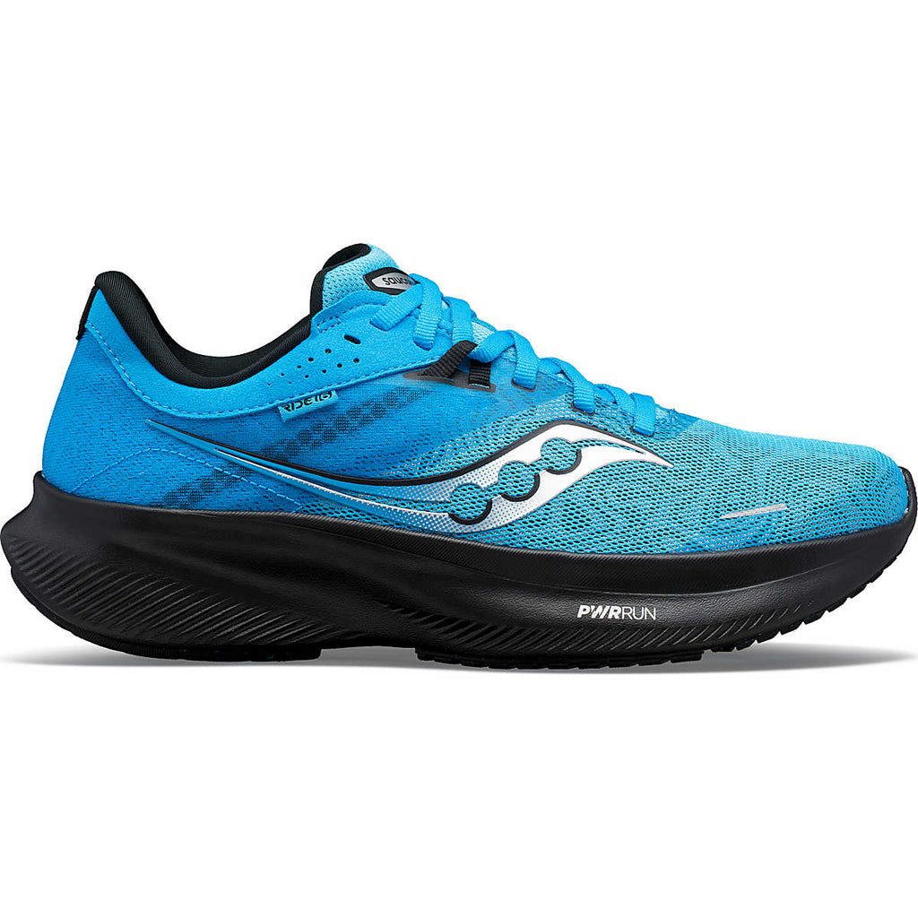 Women's Saucony Ride 16. Blue upper. Black midsole. Lateral view.