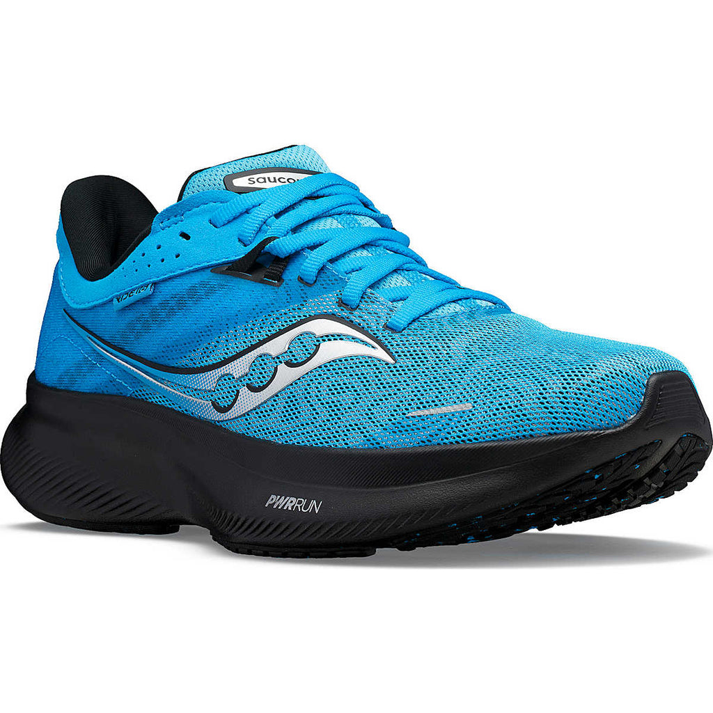 Women's Saucony Ride 16. Blue upper. Black midsole. Lateral view.