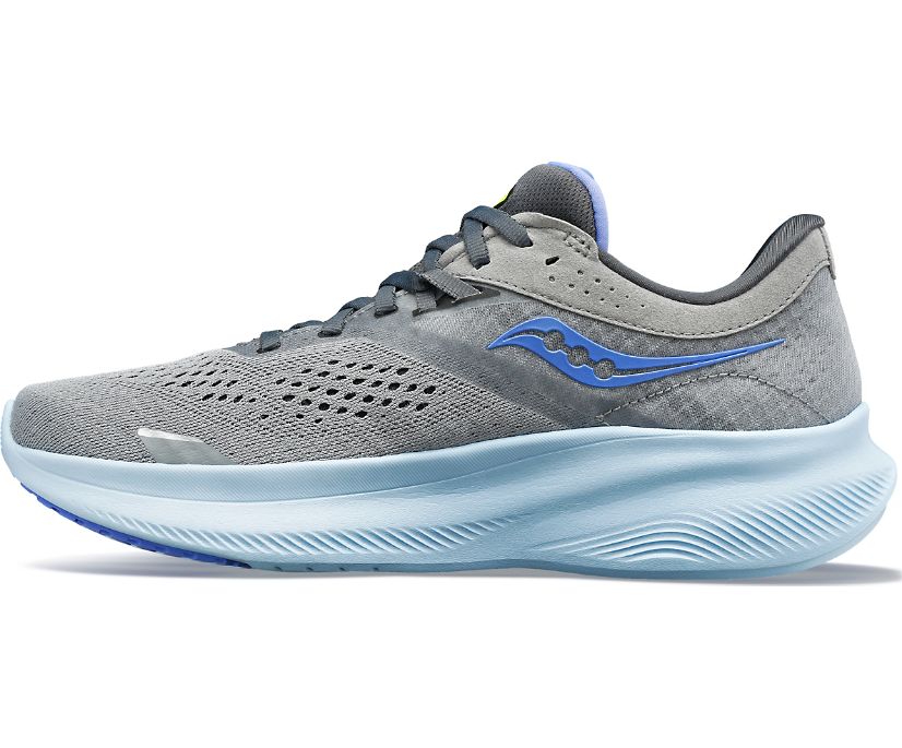 Women's Saucony Ride 16. Grey upper. Light Blue midsole. Medial view.