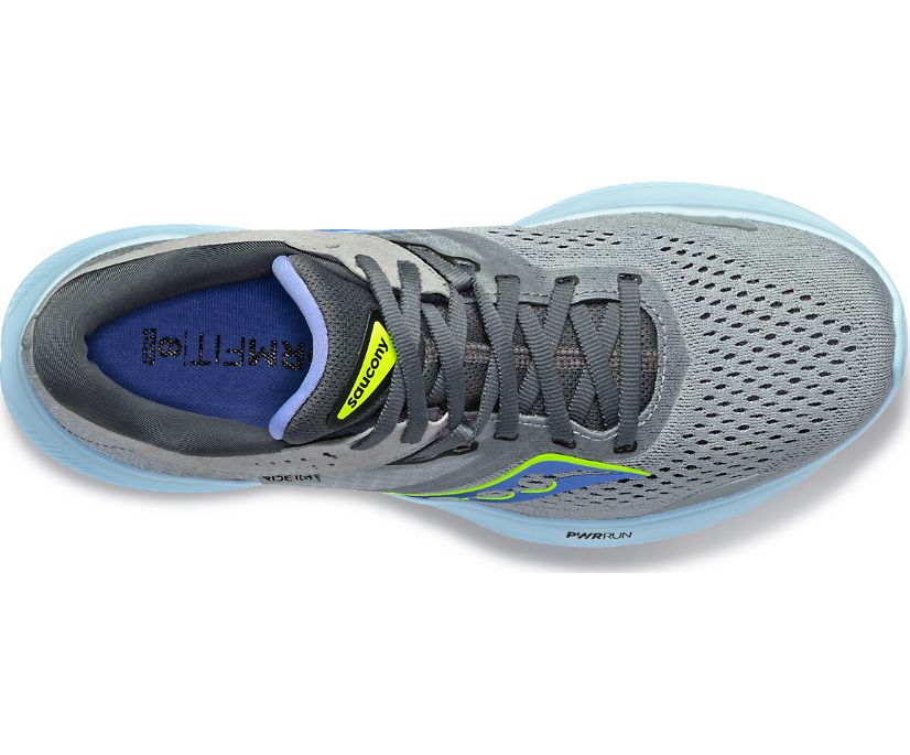 Women's Saucony Ride 16. Grey upper. Light Blue midsole. Top view.