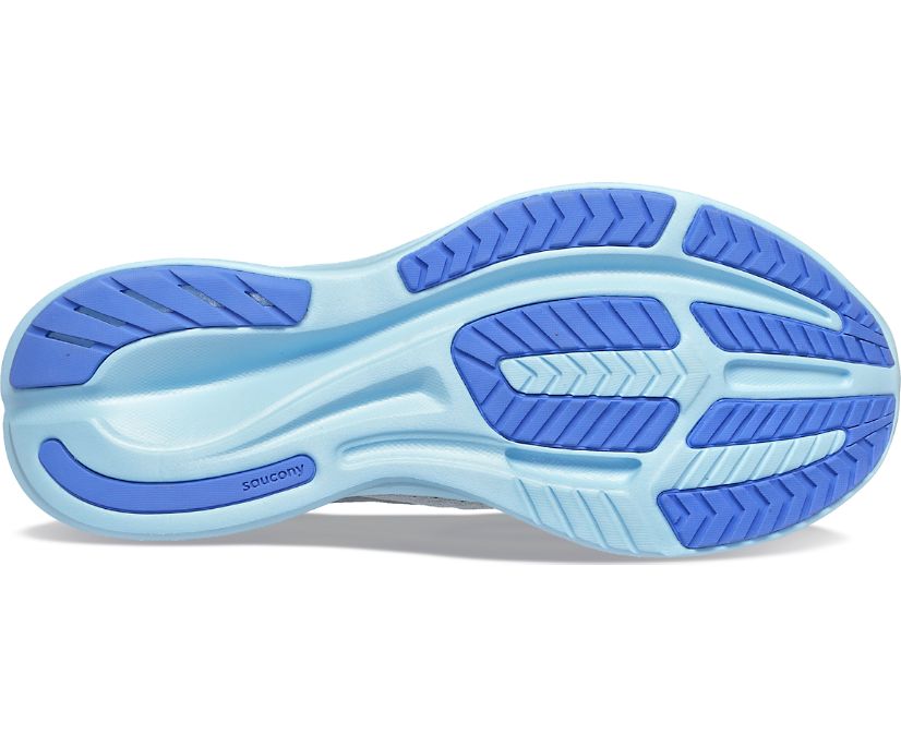 Women's Saucony Ride 16. Grey upper. Light Blue midsole. Bottom view.