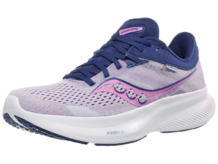 Women's Saucony Ride 16. Grey upper. White midsole. Lateral view.
