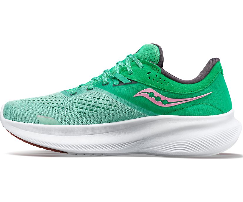 Women's Saucony Ride 16. Green upper. White midsole. Medial view.