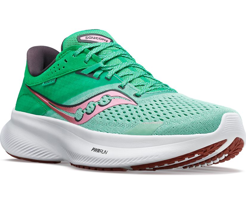 Women's Saucony Ride 16. Green upper. White midsole. Lateral view.