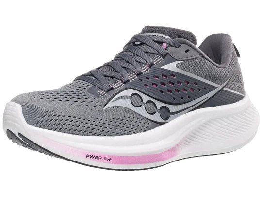 Women's Saucony Ride 17. Grey upper. White midsole. Lateral view.