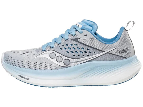 Women's Saucony Ride 17. Light Grey upper. White/Light Blue midsole. Lateral view.