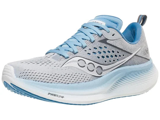 Women's Saucony Ride 17. Light Grey upper. White/Light Blue midsole. Lateral view.