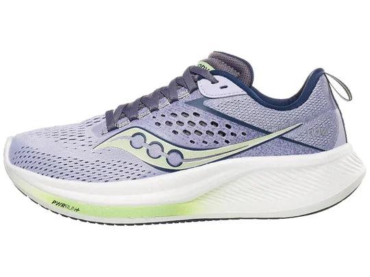Women's Saucony Ride 17. Light Purple upper. White midsole. Lateral view.