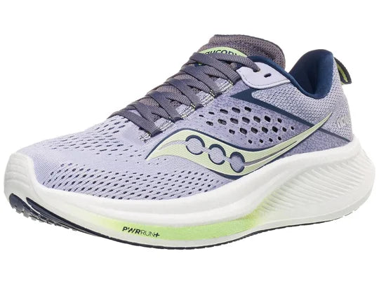Women's Saucony Ride 17. Light Purple upper. White midsole. Lateral view.
